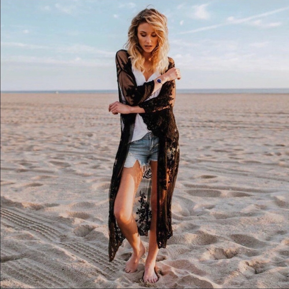 She + Sky Crochet Lace Midi Duster Kimono‎ - Black S/M $45